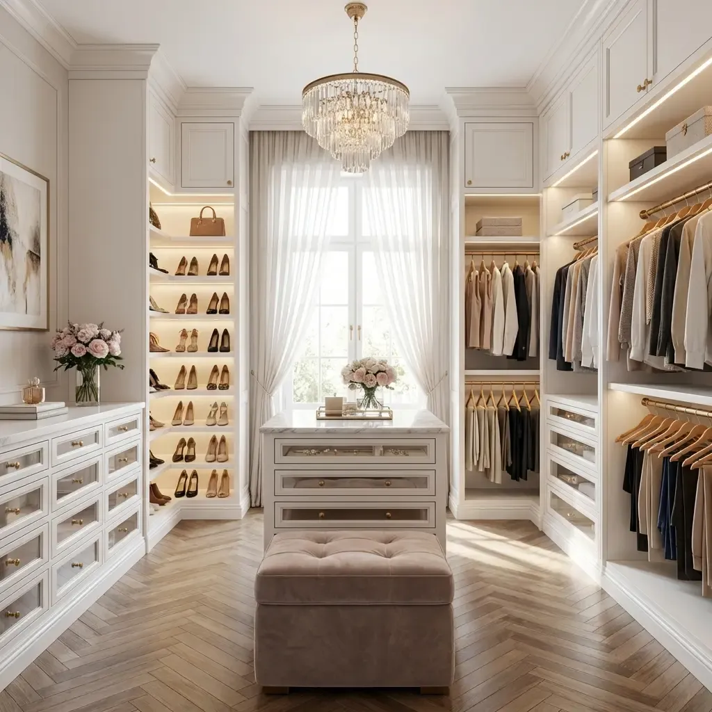 Custom Miami walk-in closet system with double hang rods, drawer banks, shoe racks and integrated LED strip lighting