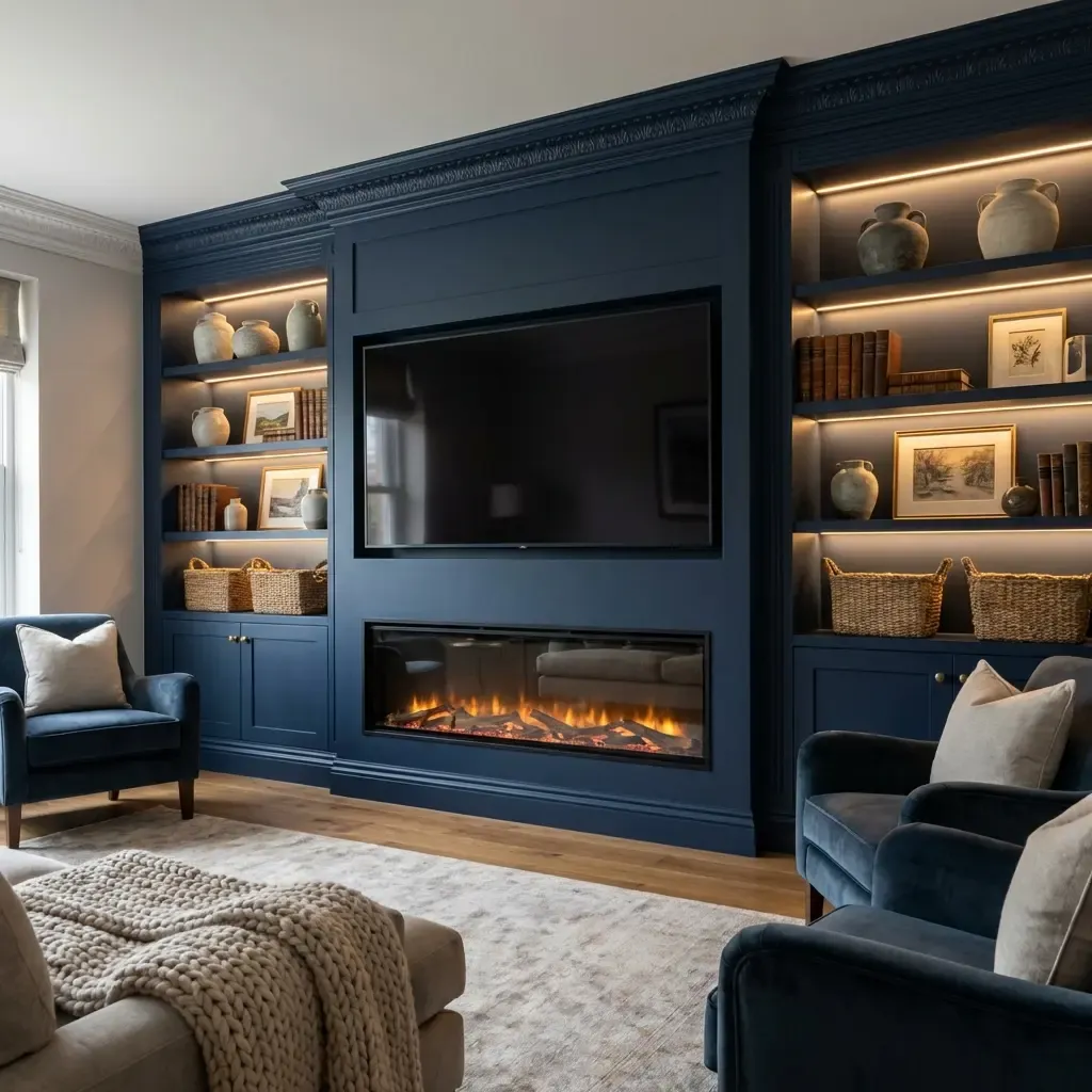 Built-in walnut TV wall unit with floating shelves, display niches and integrated LED lighting in a Miami living room